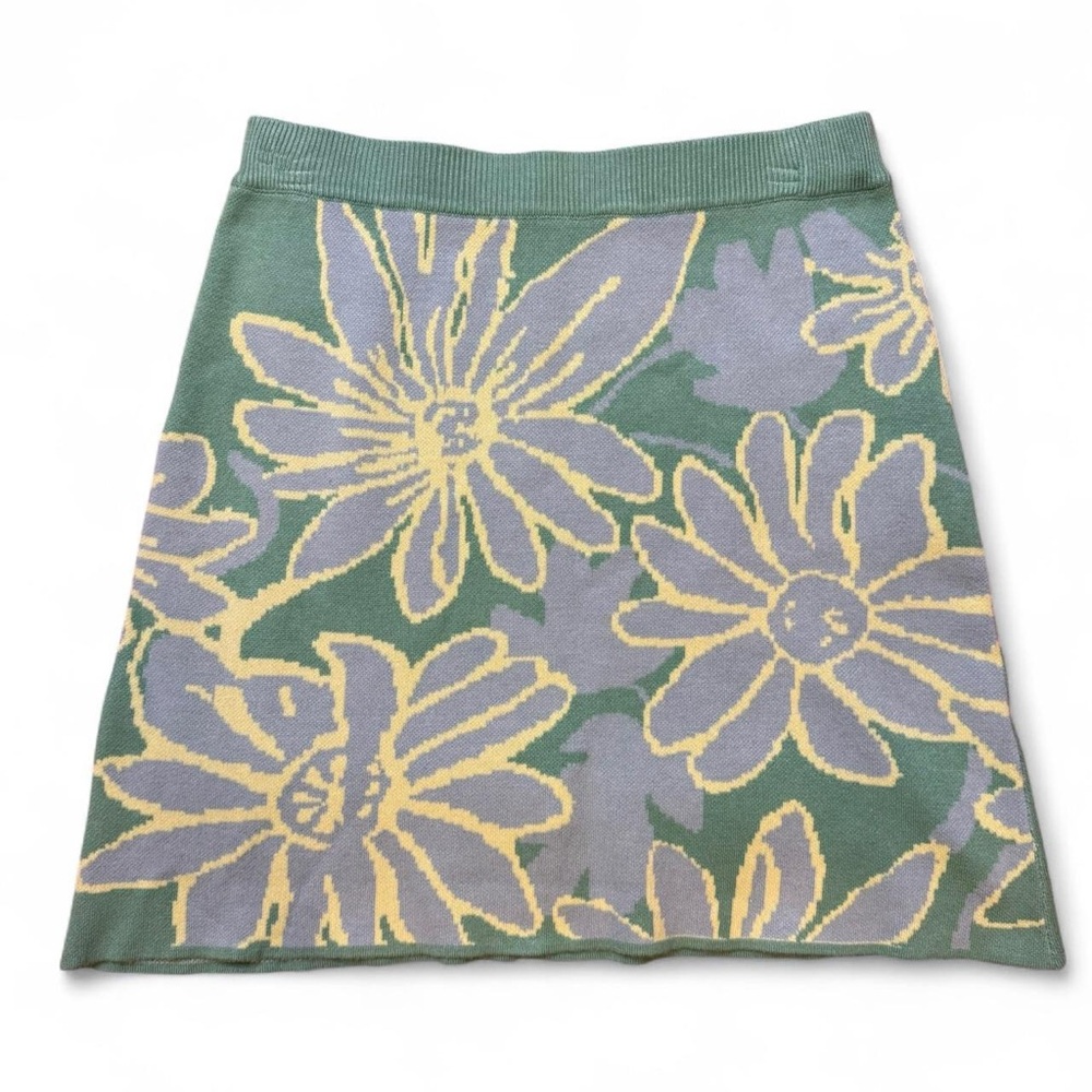 NWOT Mable Blue/Green Floral Knit Highwaisted Coquette Bodycon Miniskirt, Size M